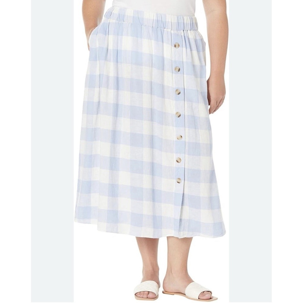 Madewell Linen Blend Midi Skirt in Gingham Check Light Blue White Women Size 2XL